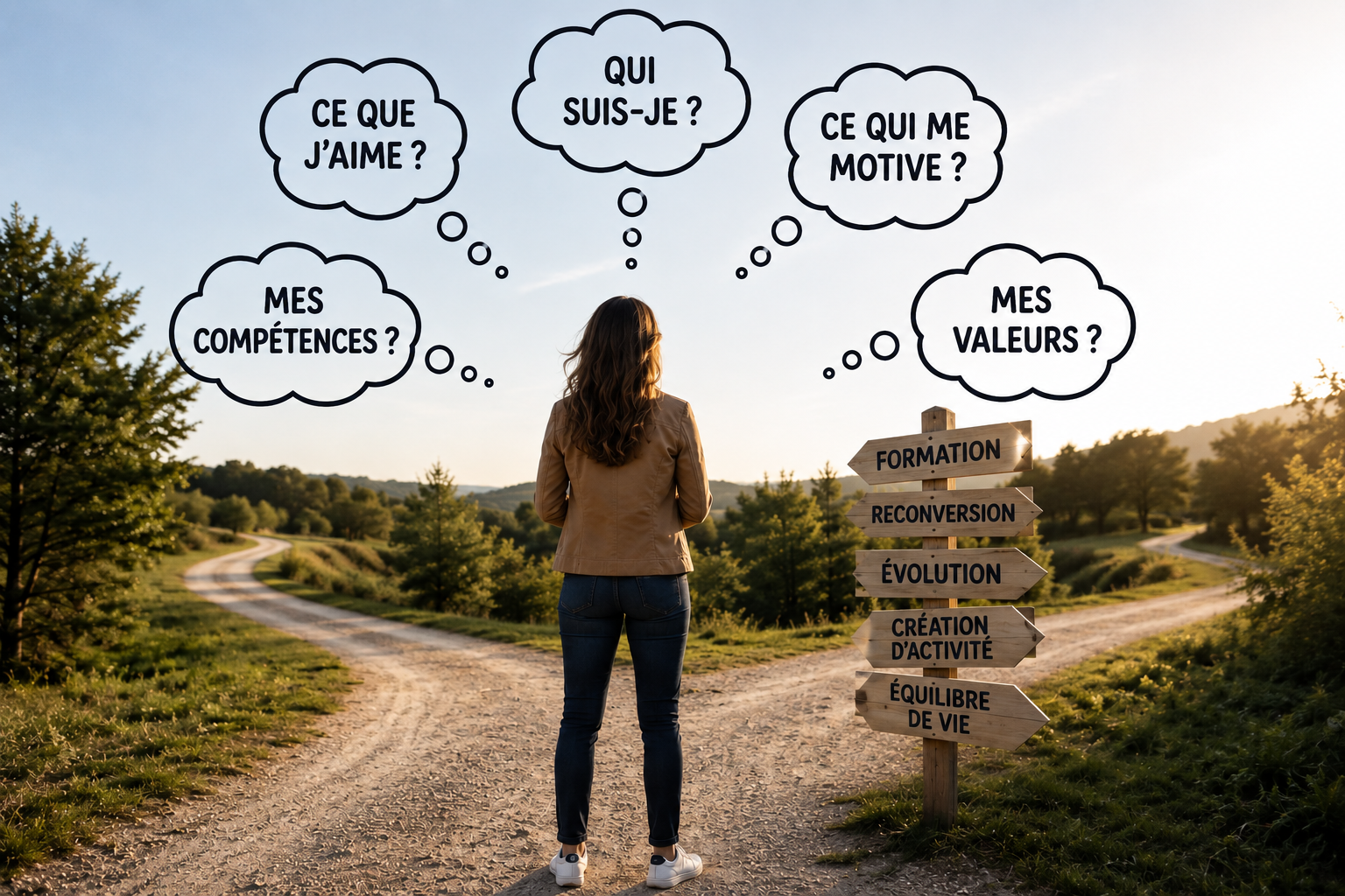 Personne face à un carrefour, s'interrogeant sur ses compétences, ses valeurs et son avenir professionnel
